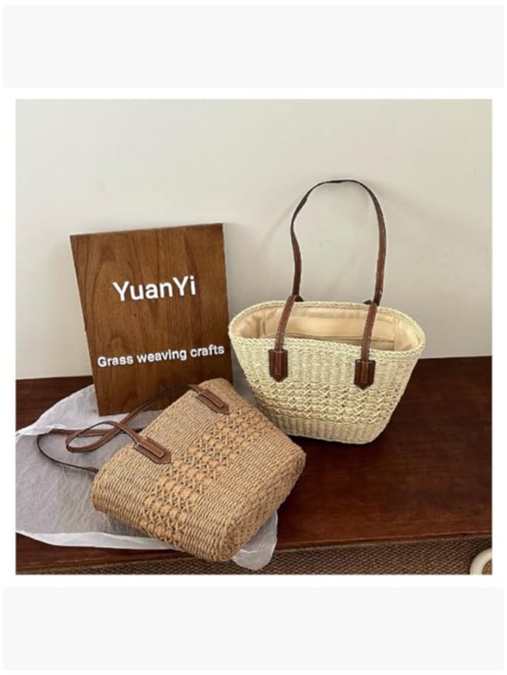 Large Straw Shoulder Bag Woven Tote Travel Handbag Purse - Picture 3 of 7